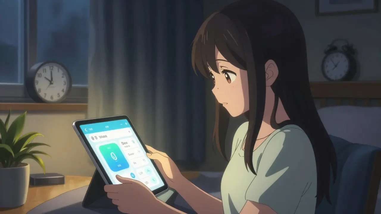 Bishoujo anime girl using digital sleep therapy app in darkened bedroom
