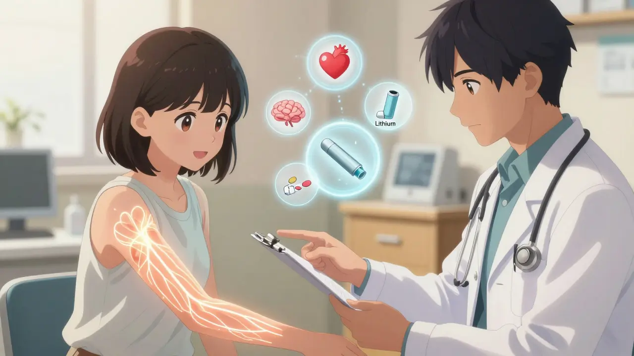 Doctor and patient discussing tremors, with floating medication icons and neural pathways glowing softly.