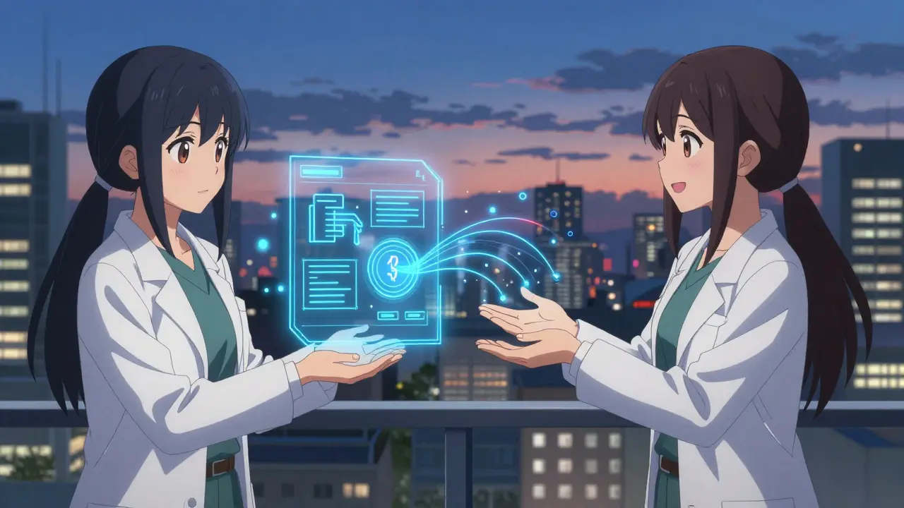 Engineers connect patent data and blockchain contracts through glowing animations in a high-tech setting.