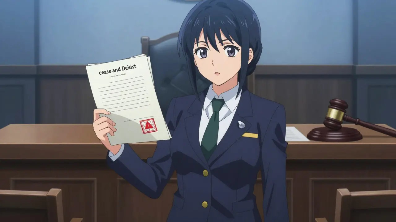 FDA inspector holding cease-and-desist letters in courtroom setting.