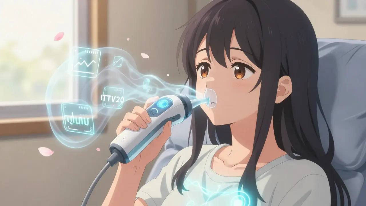 Patient breathing into device as TTV and health metrics transform into digital petals