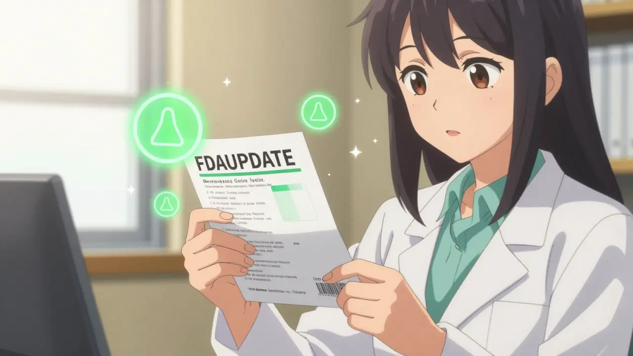 Pharmacist replacing an outdated Medication Guide with a new FDA-updated version