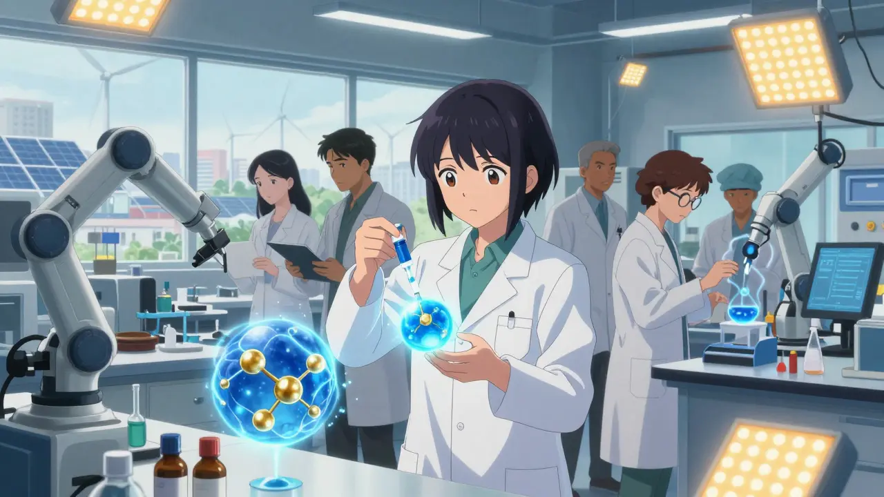 Scientists in an Indian lab synthesize a biosimilar drug with holographic molecular structures.