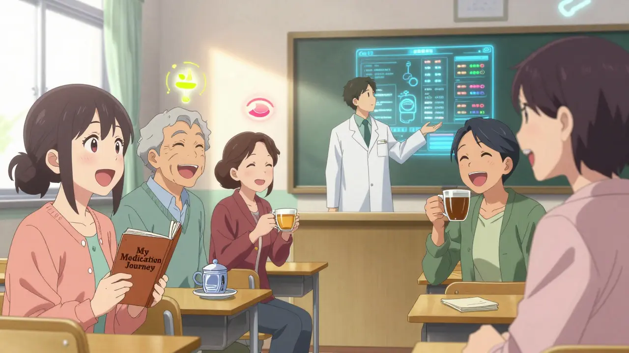 Seniors laughing in a community center with a pharmacist showing a holographic chart of reduced medications.