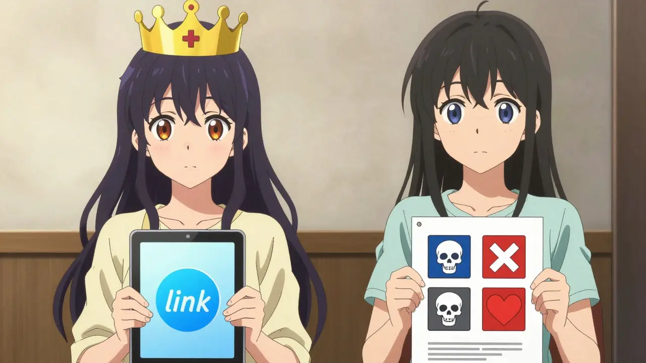 Two women comparing brand and generic drug ad regulations with symbols.