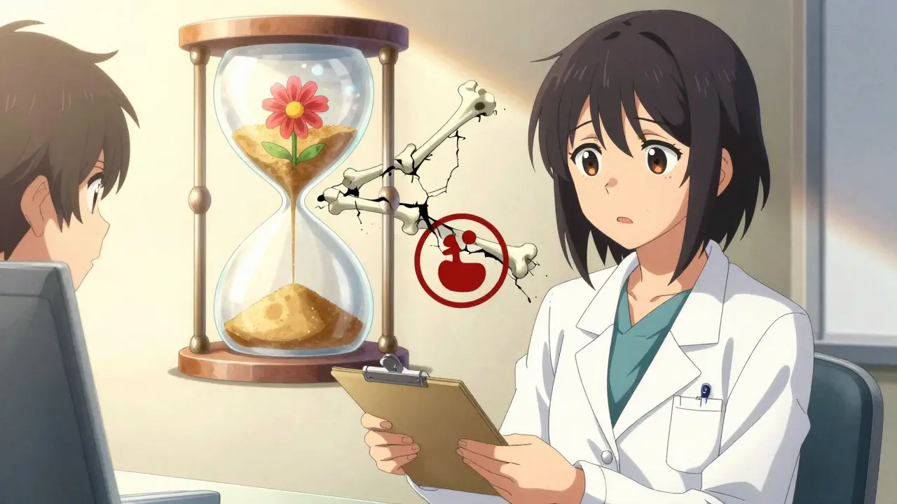 A doctor gives a prescription while a glowing hourglass shows healing versus damage paths behind them.