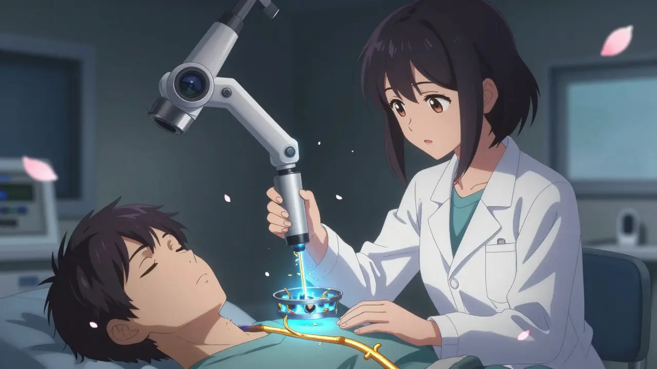 A doctor performing ERCP with glowing bile ducts and a stone extraction tool in anime style.