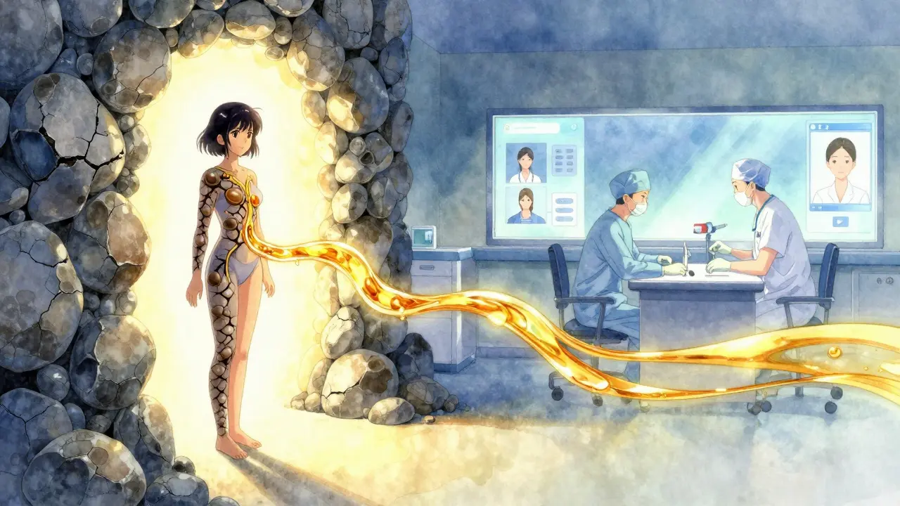 A girl transforming from stone-bound to free, with golden bile ducts and medical harmony in background.