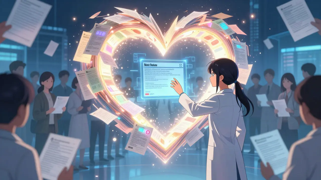 A glowing digital portal of patient reports forming a heart, with an FDA analyst reaching toward it.
