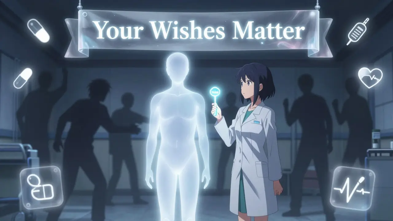 A glowing patient figure beside their agent holding a key labeled 'Voice', with shadowy figures arguing in the background, symbolic and ethereal.