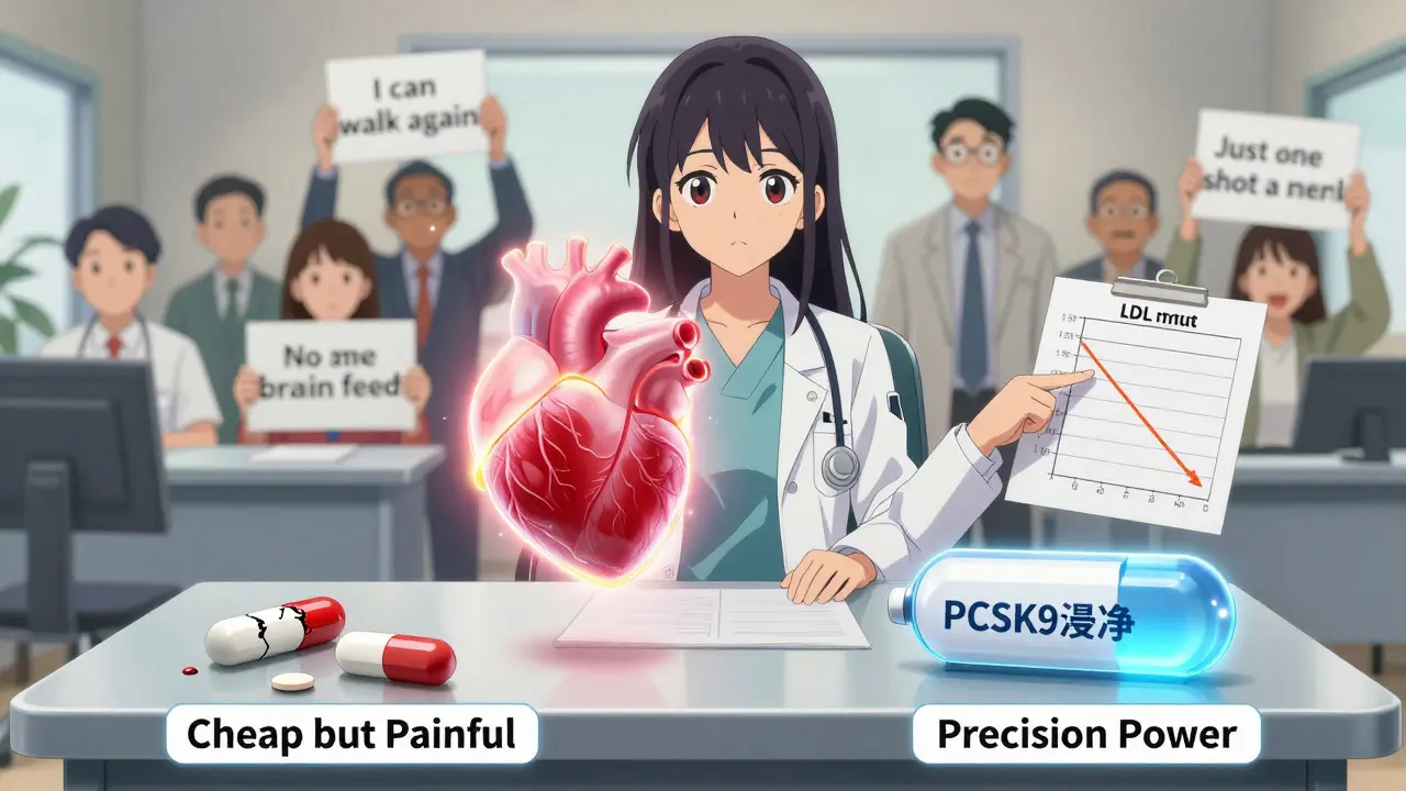 A medical courtroom where PCSK9 inhibitors outshine statins as a heart chart shows LDL dropping, with patients holding hopeful signs.