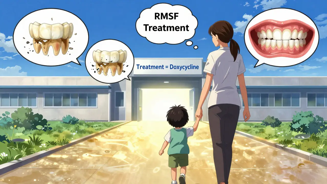 A mother and child walking toward a clinic, with outdated stained teeth shattering and replaced by a glowing dental chart.
