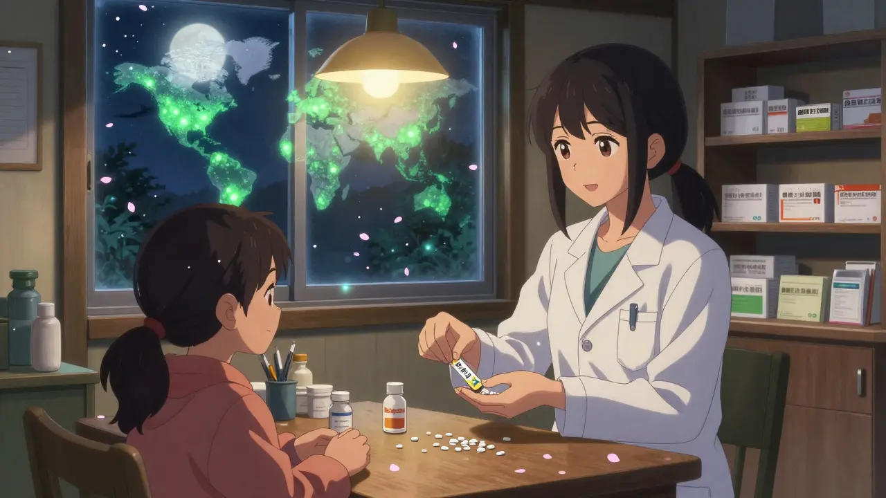 A pharmacist distributes generic pills to patients in a quiet clinic under a warm lamp.