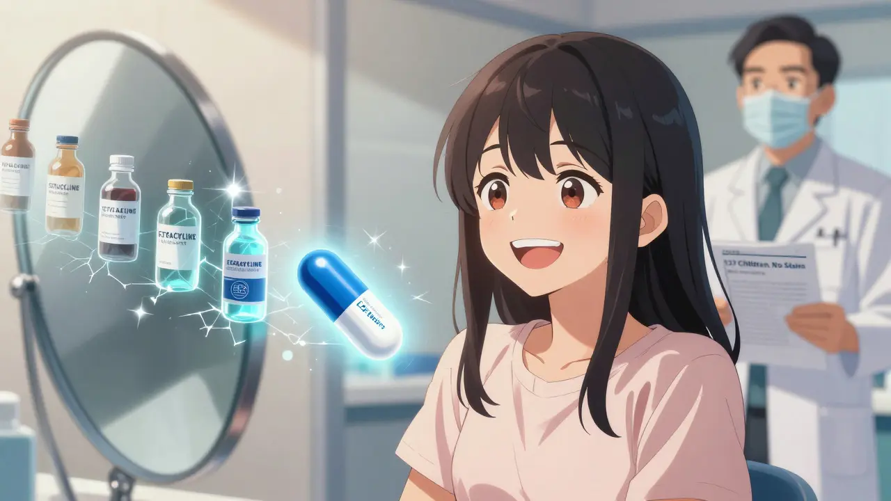 A teen laughing in front of a mirror, her teeth white, as a timeline shows doxycycline replacing old tetracycline warnings.