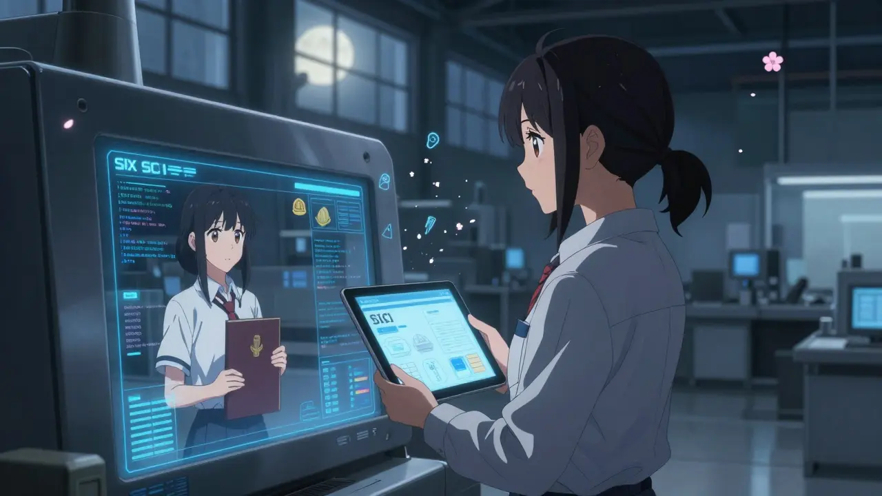 A woman at night in an empty factory, her reflection shows her growth from high school graduate to skilled technician with digital icons around her.