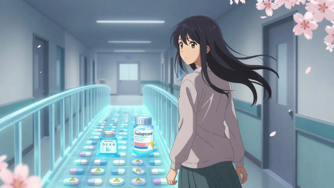 A woman walks forward past a pill bridge, toward a path of safer treatments with hopeful blue light ahead.