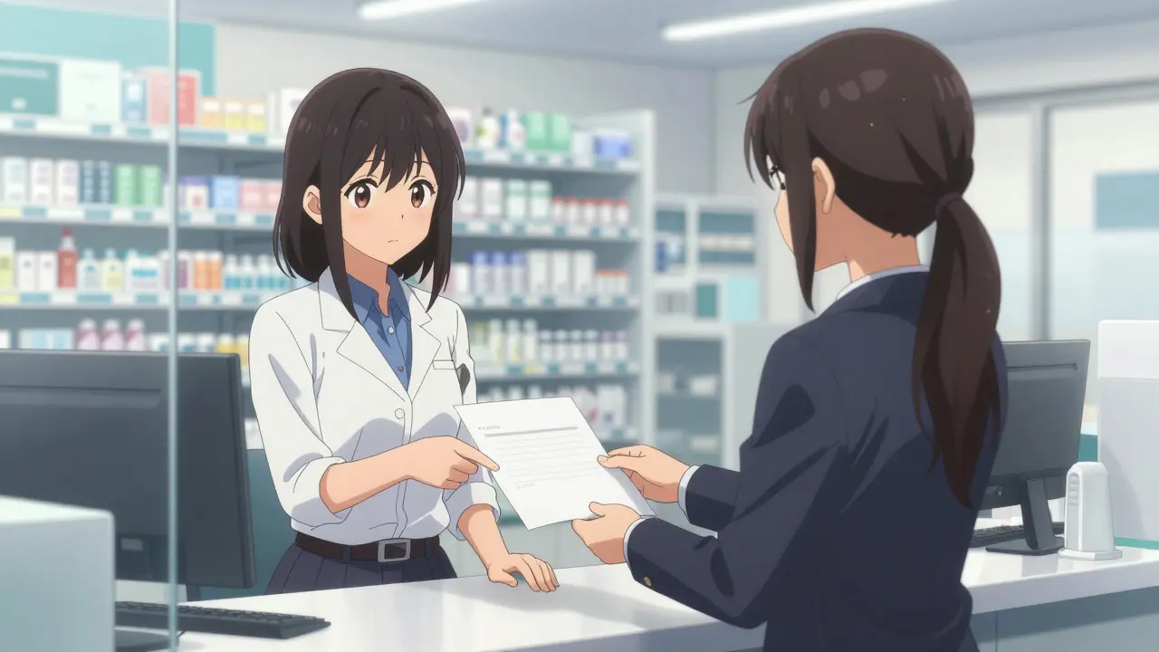 Anime girl asking pharmacist for printed instruction sheet.