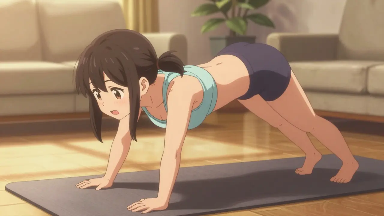 Anime style woman performing core stabilization exercise for back recovery.