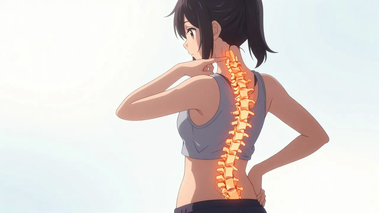 Bishoujo character indicating neck and lower back pain with glowing nerve lines.