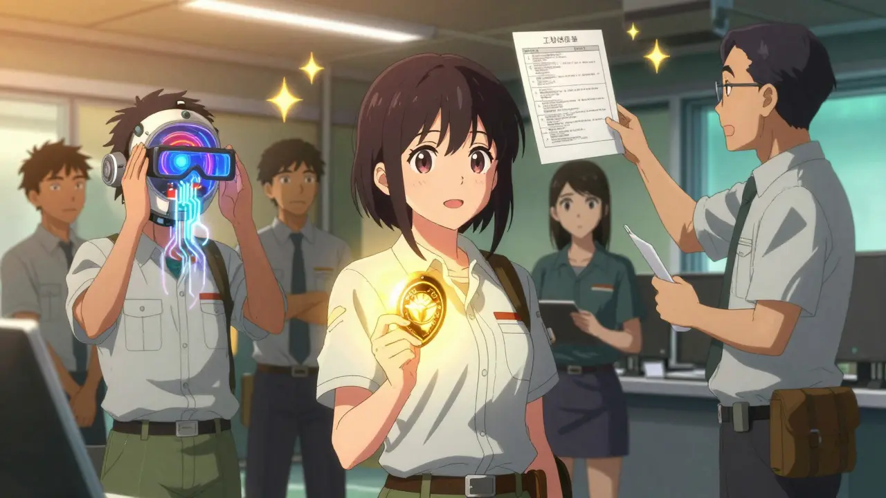 Diverse workers train in a factory bay, one using AR glasses, a glowing CPT badge in hand, mentor pointing to safety protocols.