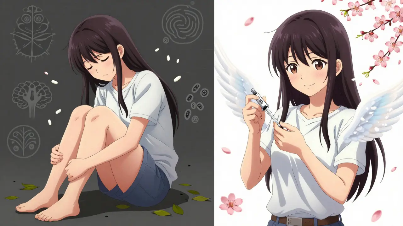 Split scene: one side shows statin side effects with dark shadows, the other shows peaceful PCSK9 injection with glowing receptors and cherry blossoms.