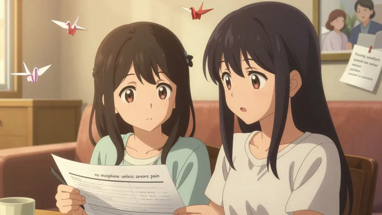 Two sisters discussing medication preferences with a healthcare proxy form, photos and notes visible in a warm living room setting.