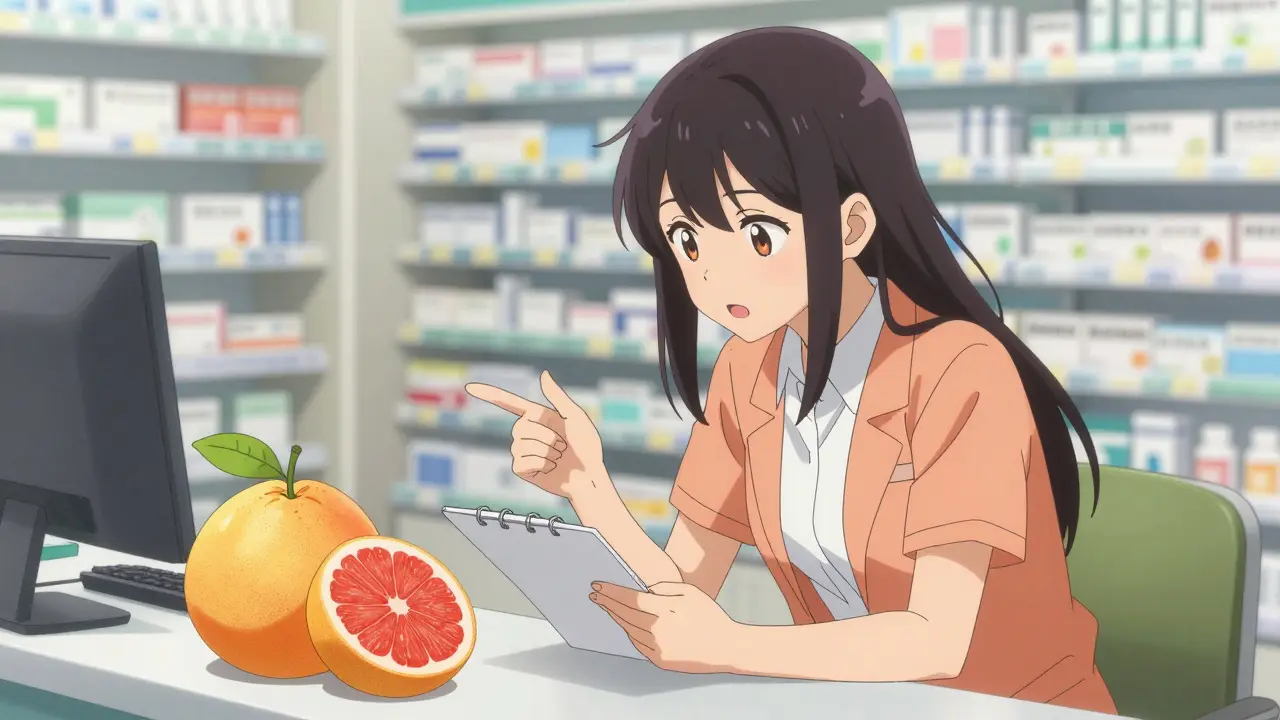 Woman asking pharmacist about food and medicine mix