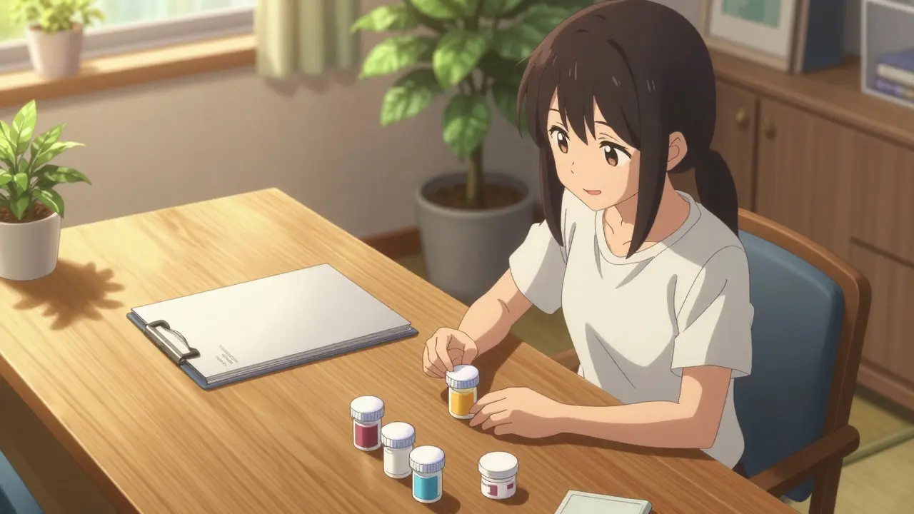 Woman organizing medication containers on a wooden desk.