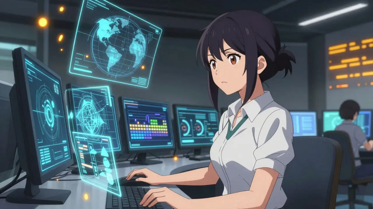 Analyst monitoring safety data on digital screens.