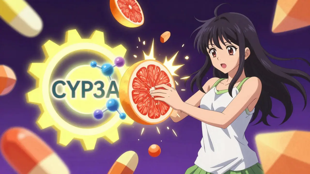 Anime depiction of a drug interaction involving an enzyme and grapefruit juice with vibrant neon colors.