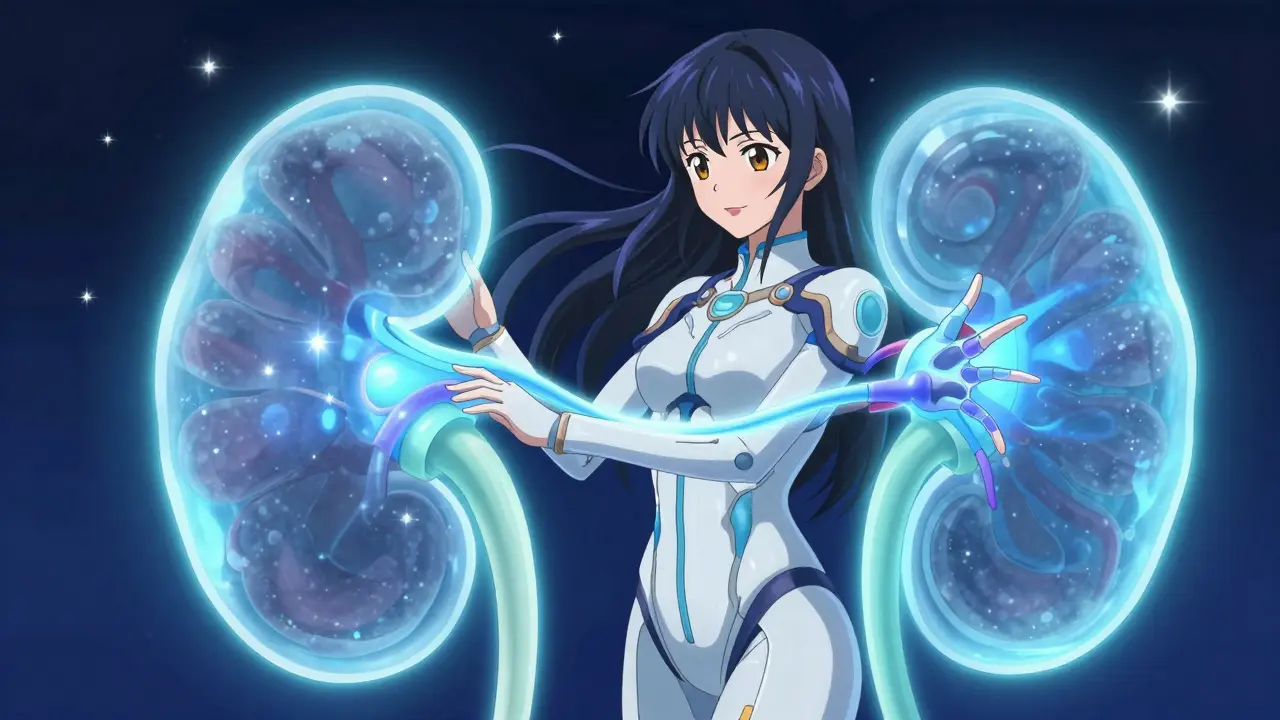 Anime guardian gently expanding a glowing blue blood vessel to protect a stylized kidney filter.