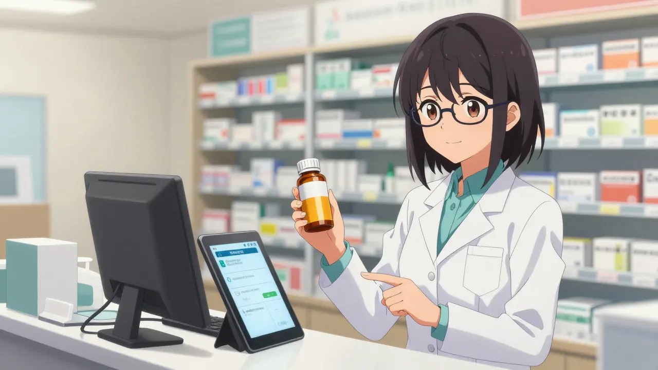 Anime pharmacist in a modern pharmacy helping a patient check for medication interactions.