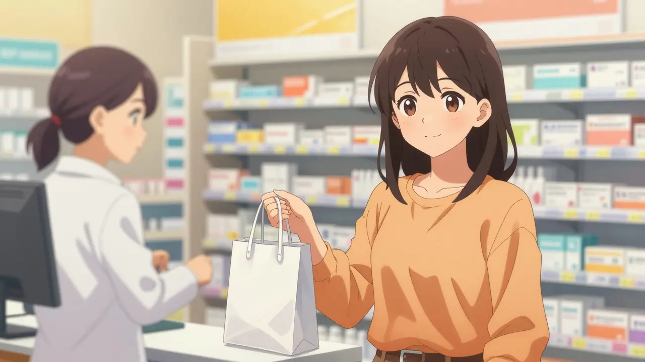 Anime woman happily picking up her medication at a pharmacy counter