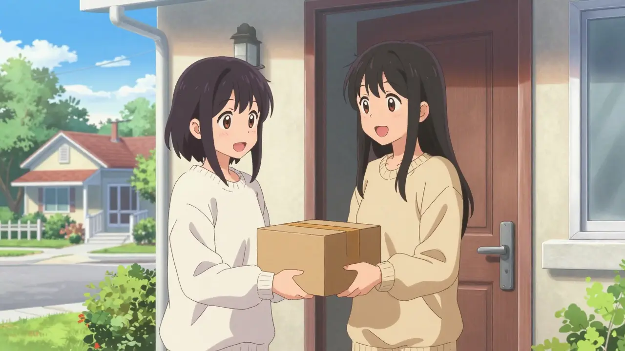 Anime woman receiving a medication delivery package at her home