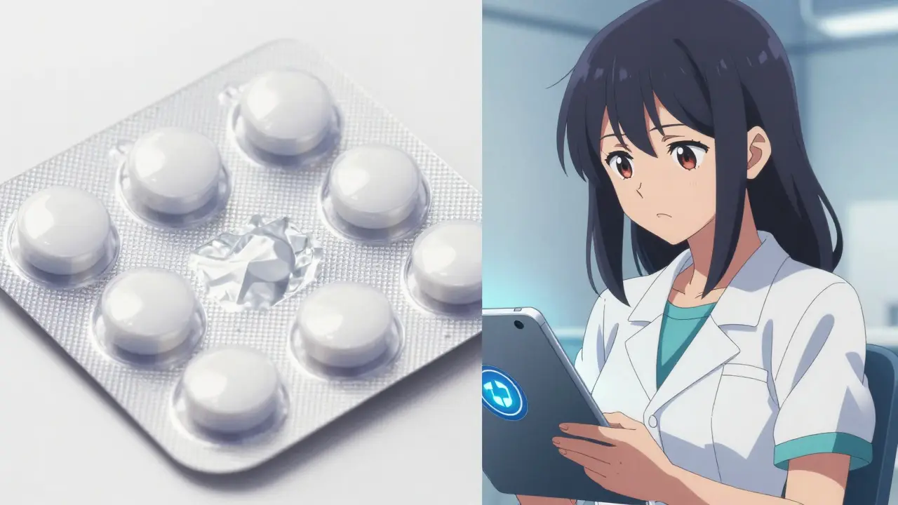 Anime woman verifying pharmacy certifications on a tablet next to medication.