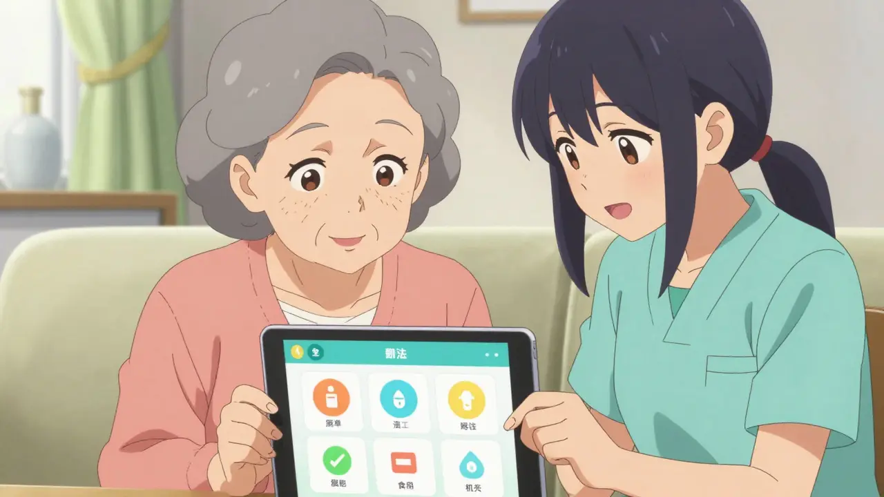 Caregiver and senior woman viewing a simplified health app on a tablet.