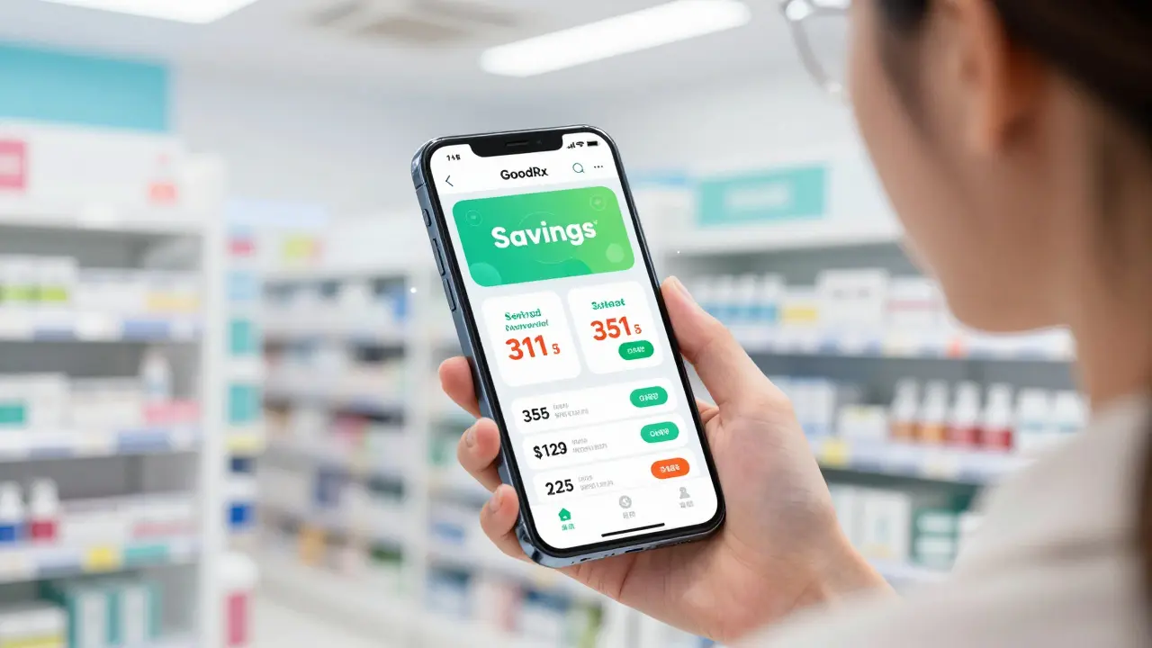 Close-up of anime woman using a pharmacy discount app on her phone