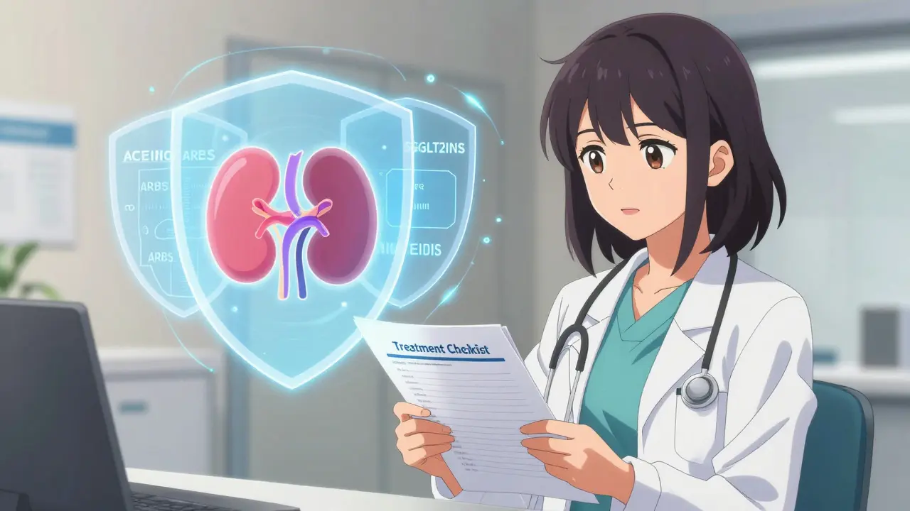 Determined anime woman with a doctor and a hologram showing multiple layers of kidney protection.