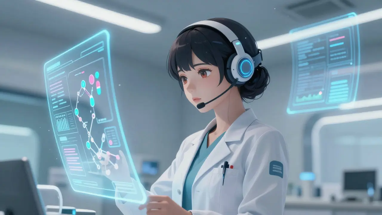 Medical professional analyzing AI-powered drug interaction data on holographic screens.