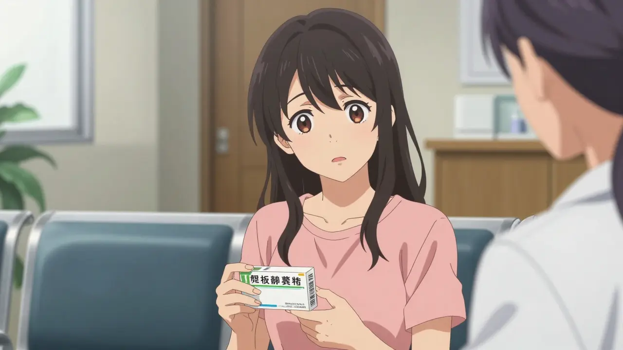 Patient holding medication box with confused look.