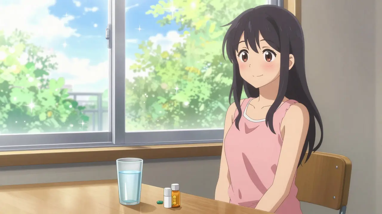 Smiling anime woman feeling healthy and recovered by a sunny window.