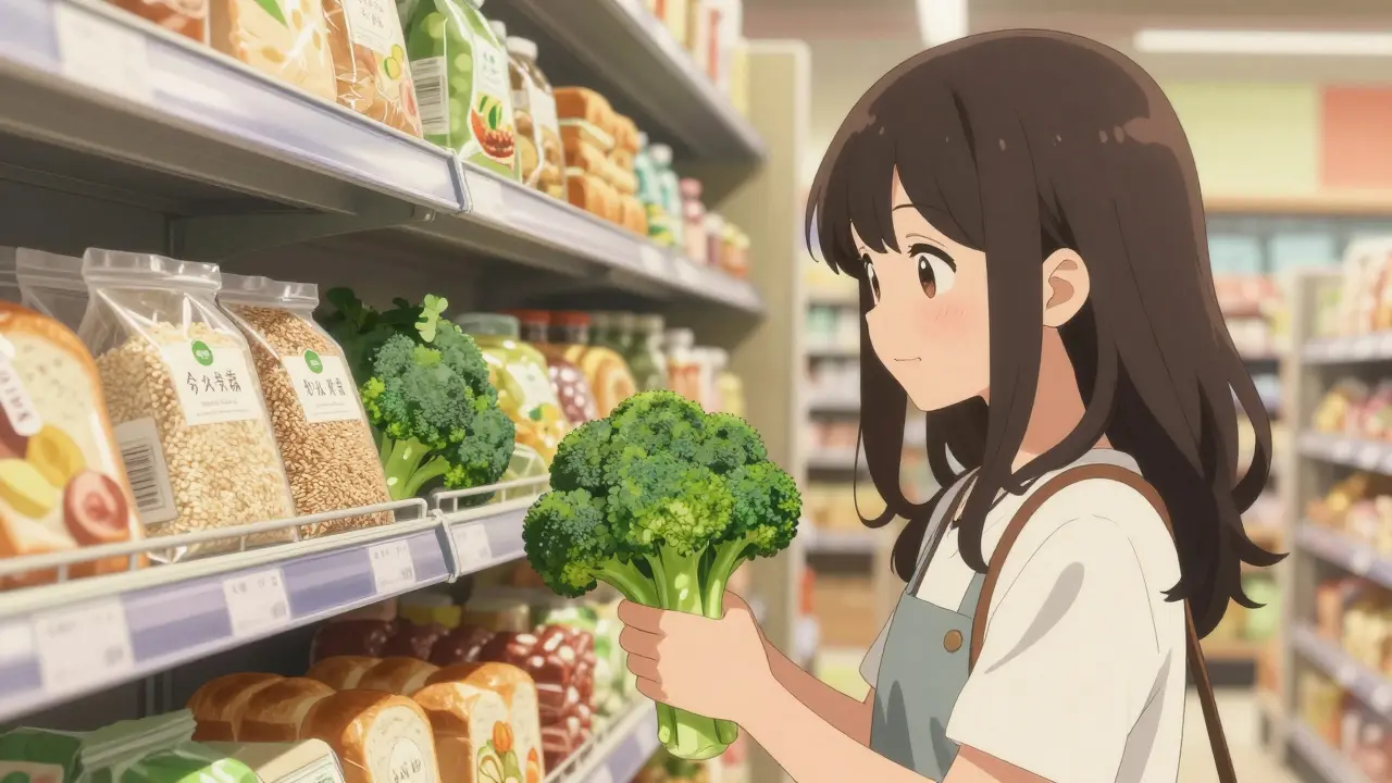 Young woman choosing quinoa and broccoli at a grocery store