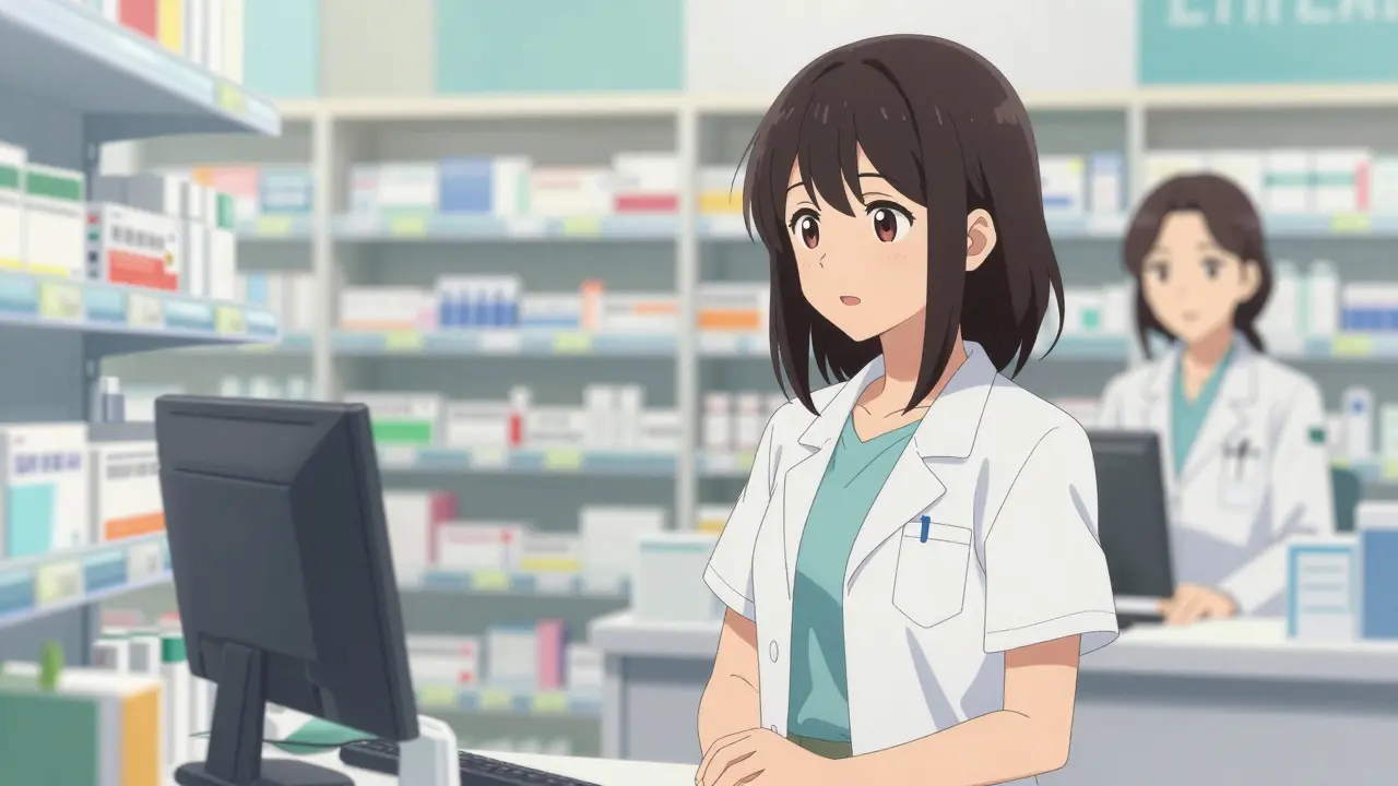 Young woman consulting with a pharmacist in a bright, professional pharmacy