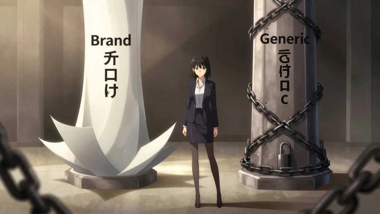 Abstract anime art showing brand vs generic drug regulation barriers