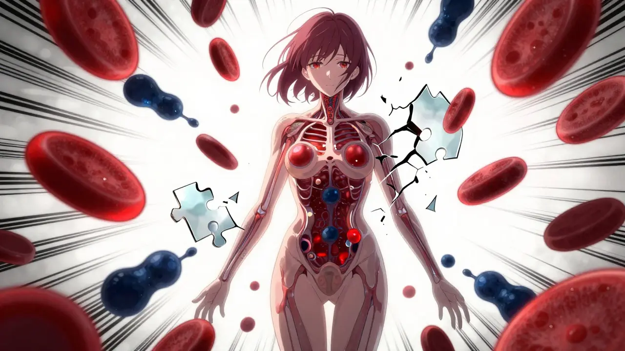 Abstract anime art showing failed blood clotting mechanisms with red and blue cells.
