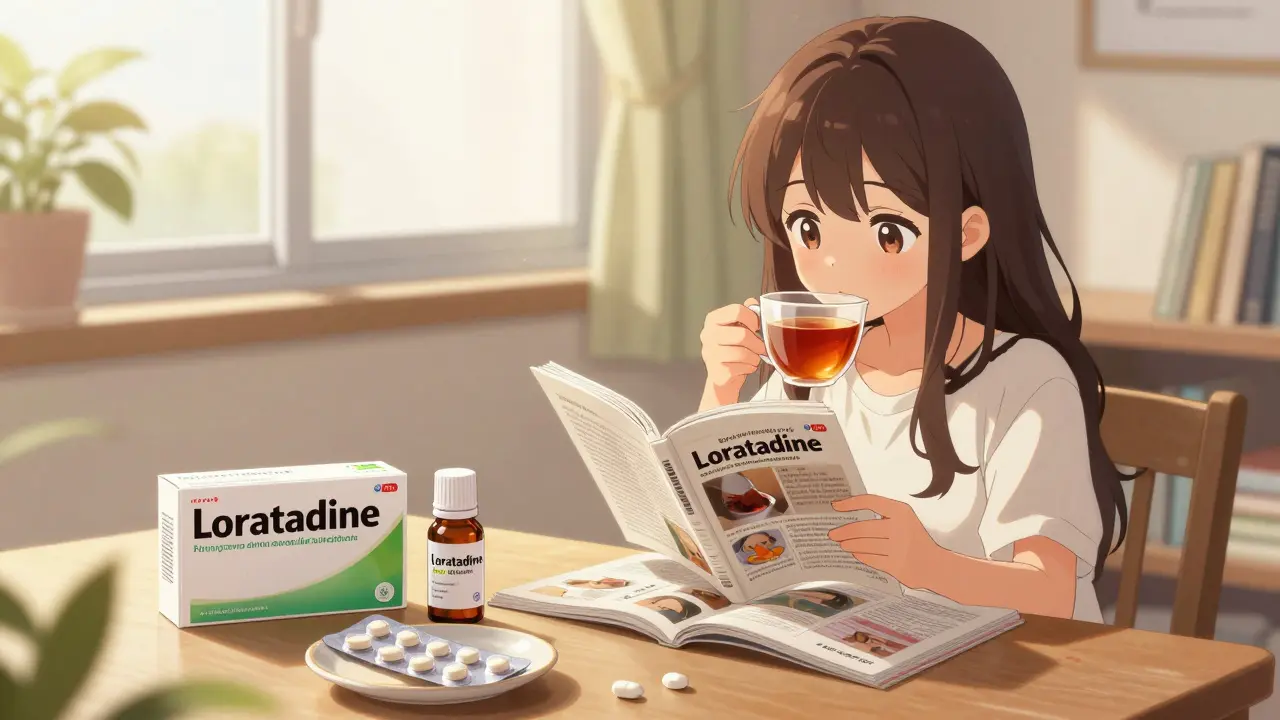 Anime girl relaxing with different loratadine forms