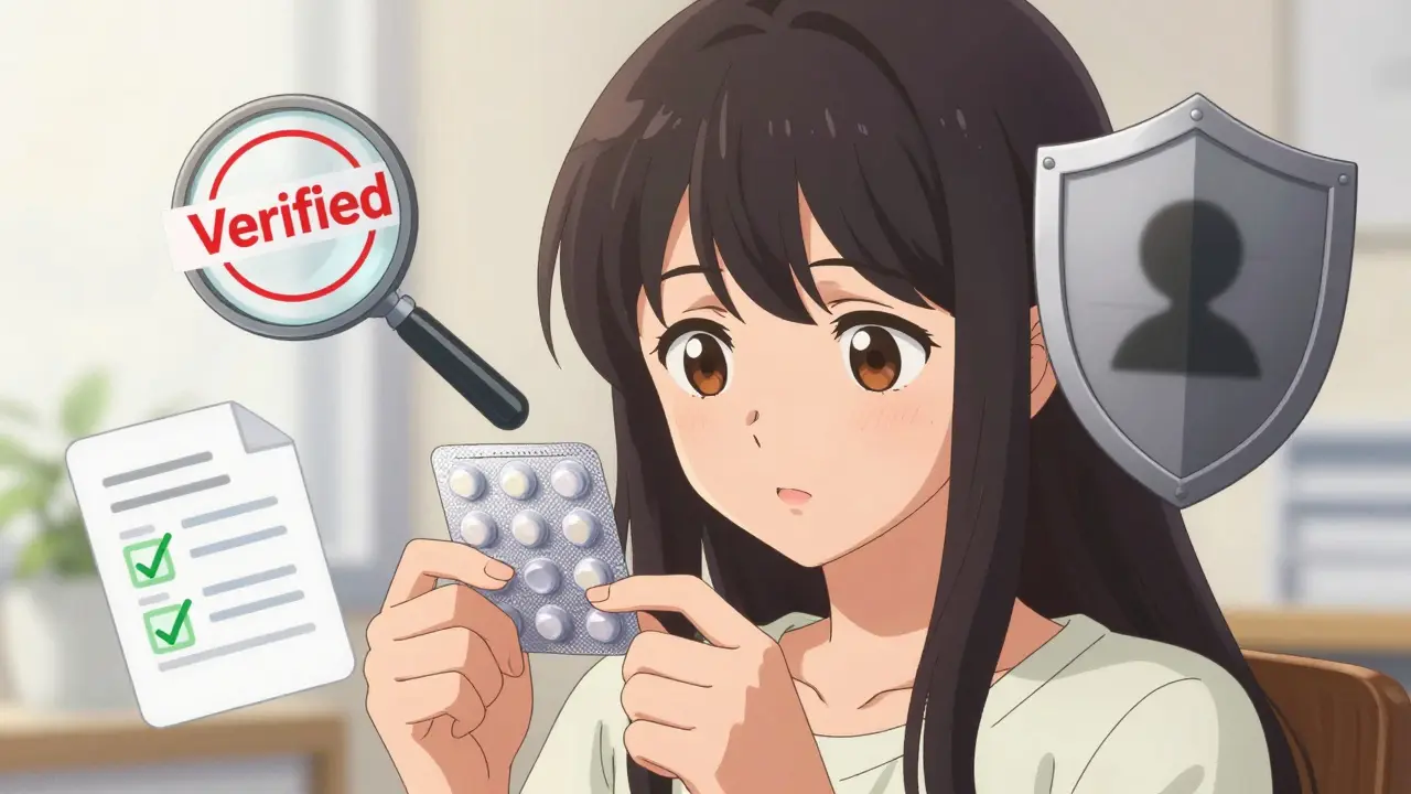 Anime illustration verifying safe medication sources and safety