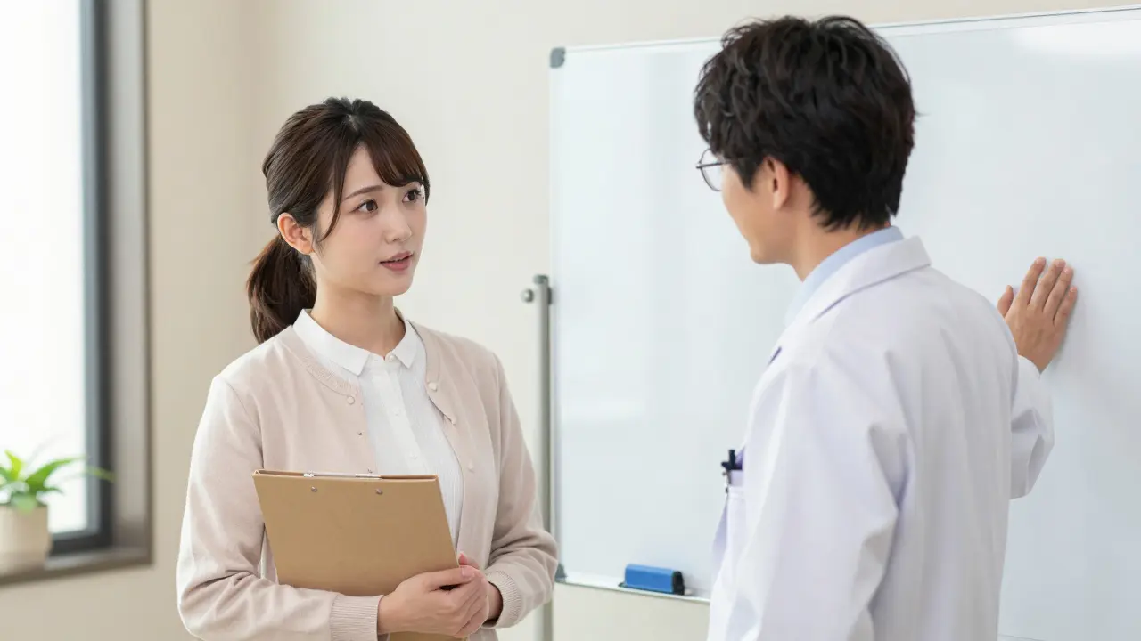 Anime mother discussing medication safety with a doctor in a clinic