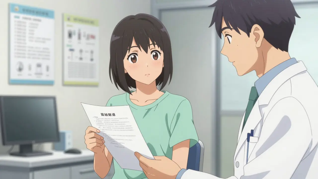 Anime patient showing symptom summary to a doctor