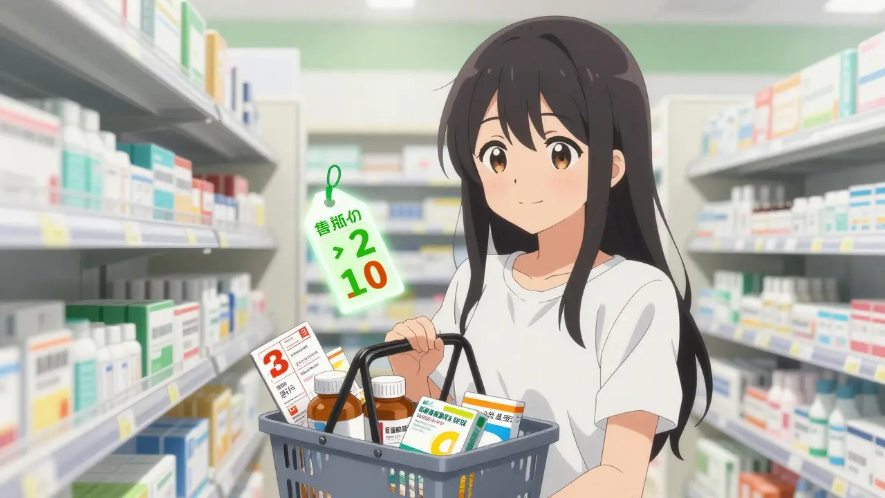 Anime woman shopping for discounted generic allergy meds